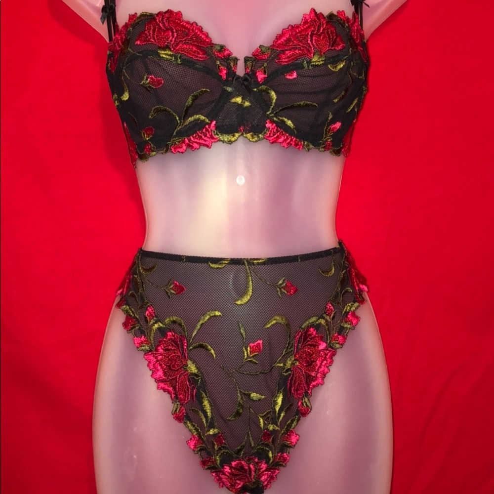 NWT Lise Charmel Mata Hari Black Floral Bra Panty Set 36 B